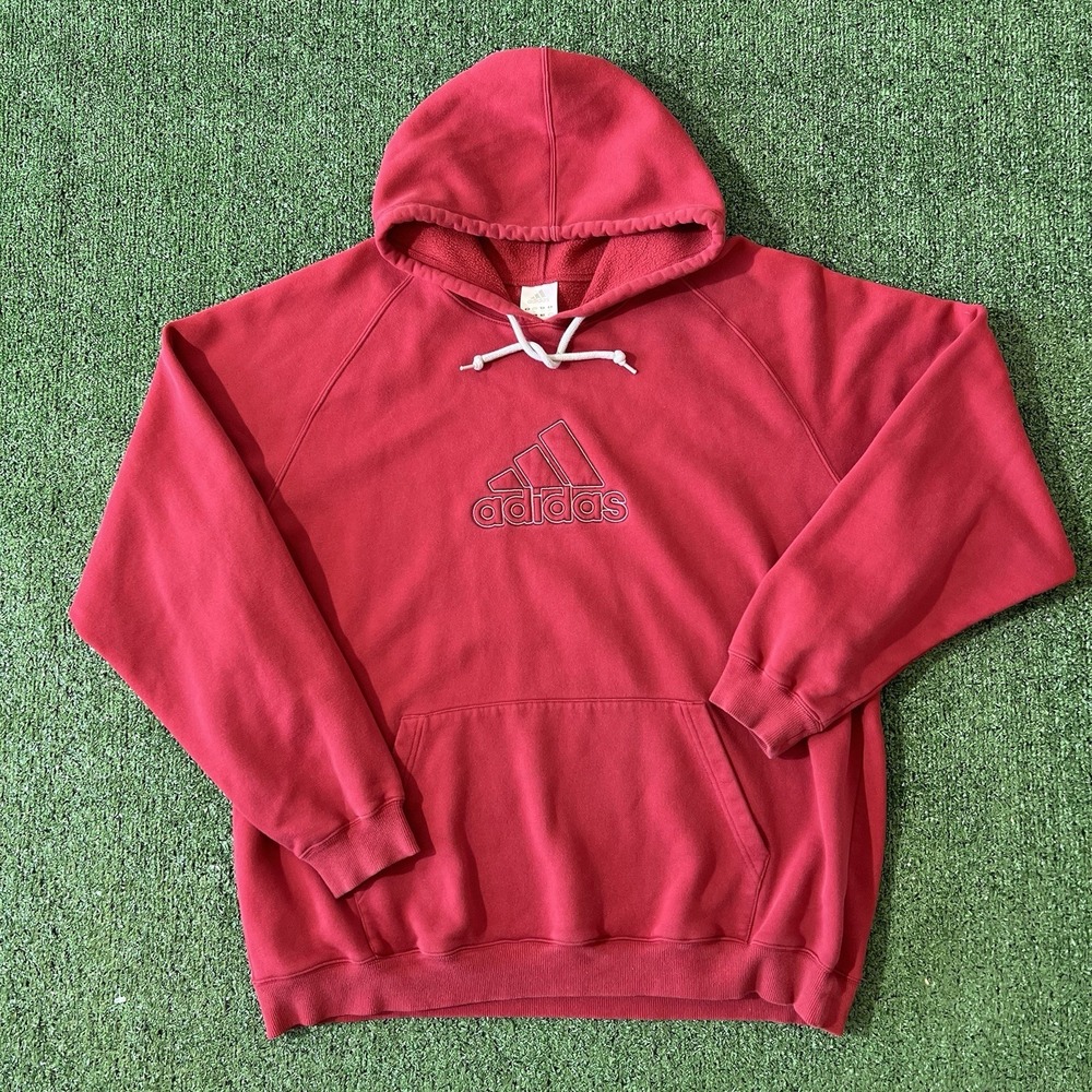 Vtg Adidas Hoodie Mens 3XL Red Pullover Raised Big Logo Spellout Pocket USA 90s